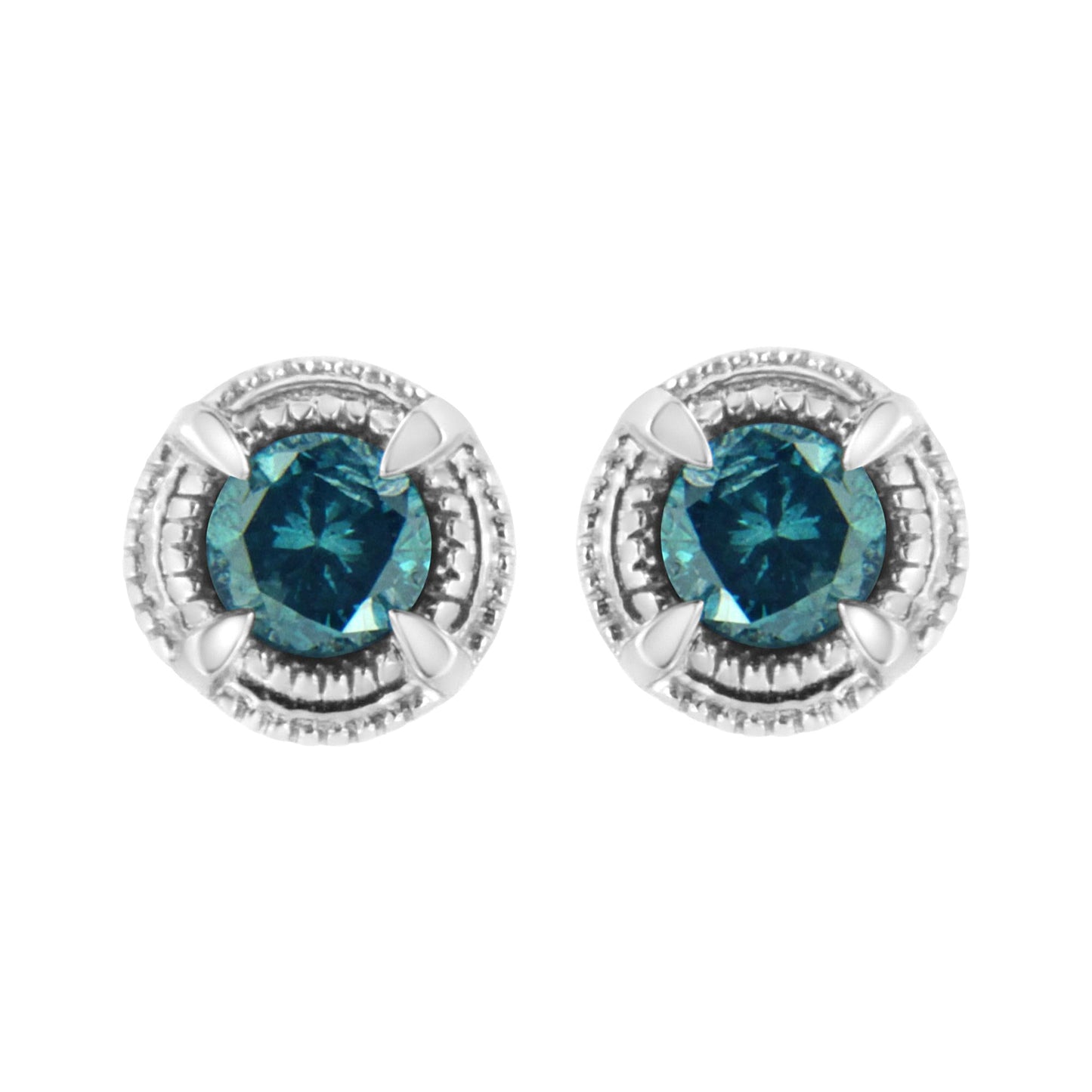 .925 Sterling Silver Treated Colored Diamond Modern Solitaire Milgrain Stud