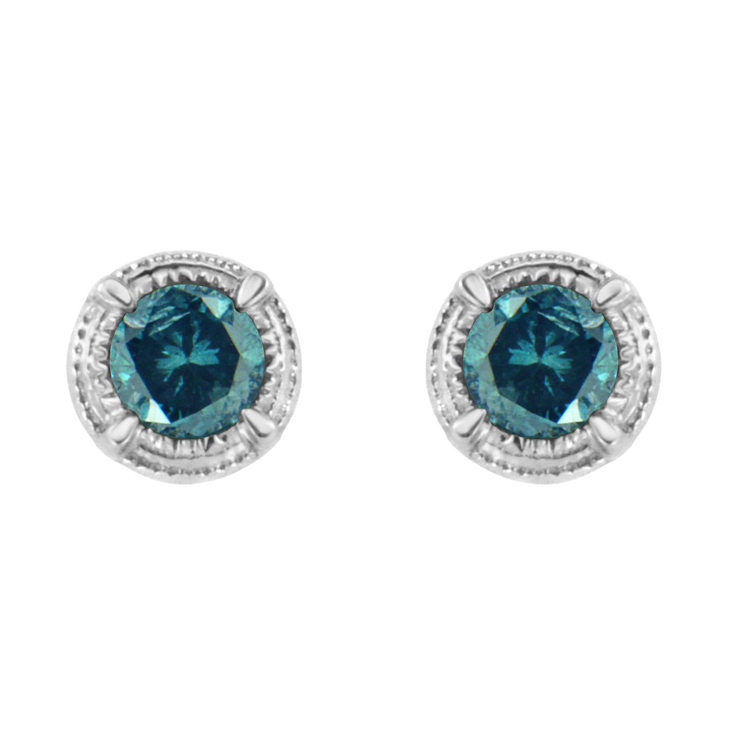 .925 Sterling Silver Treated Colored Diamond Modern Solitaire Milgrain Stud