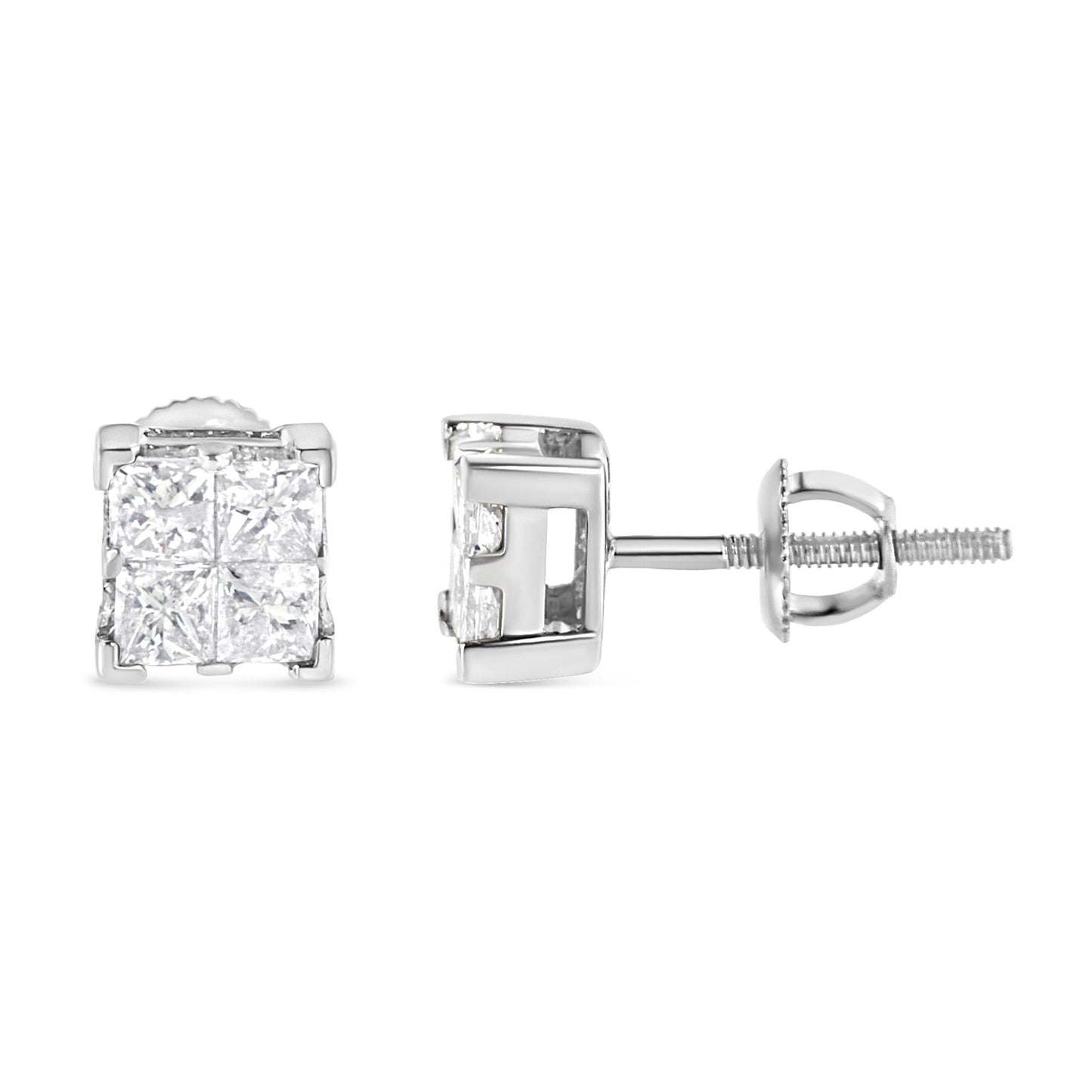 10K White Gold 3/4 Cttw Invisible Set Princess-Cut Diamond Composite Square Stud