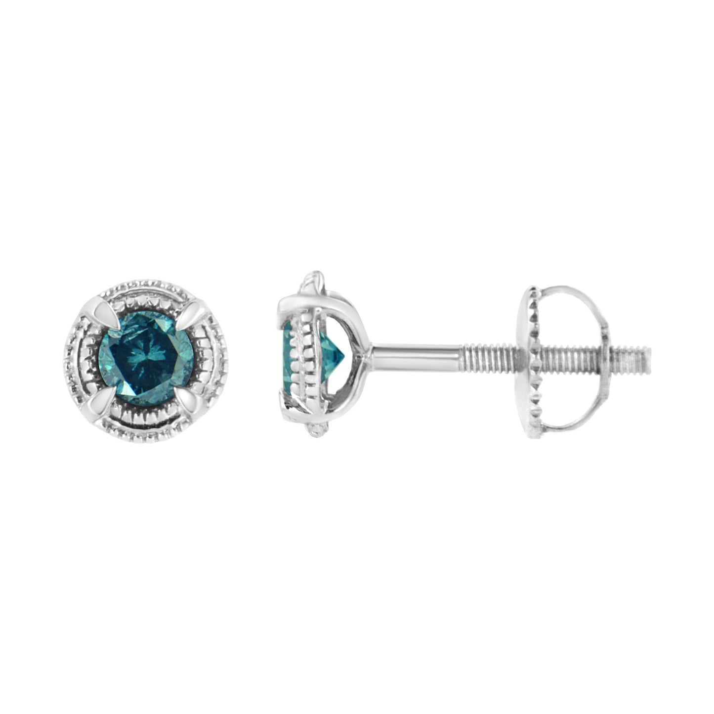 .925 Sterling Silver Treated Colored Diamond Modern Solitaire Milgrain Stud