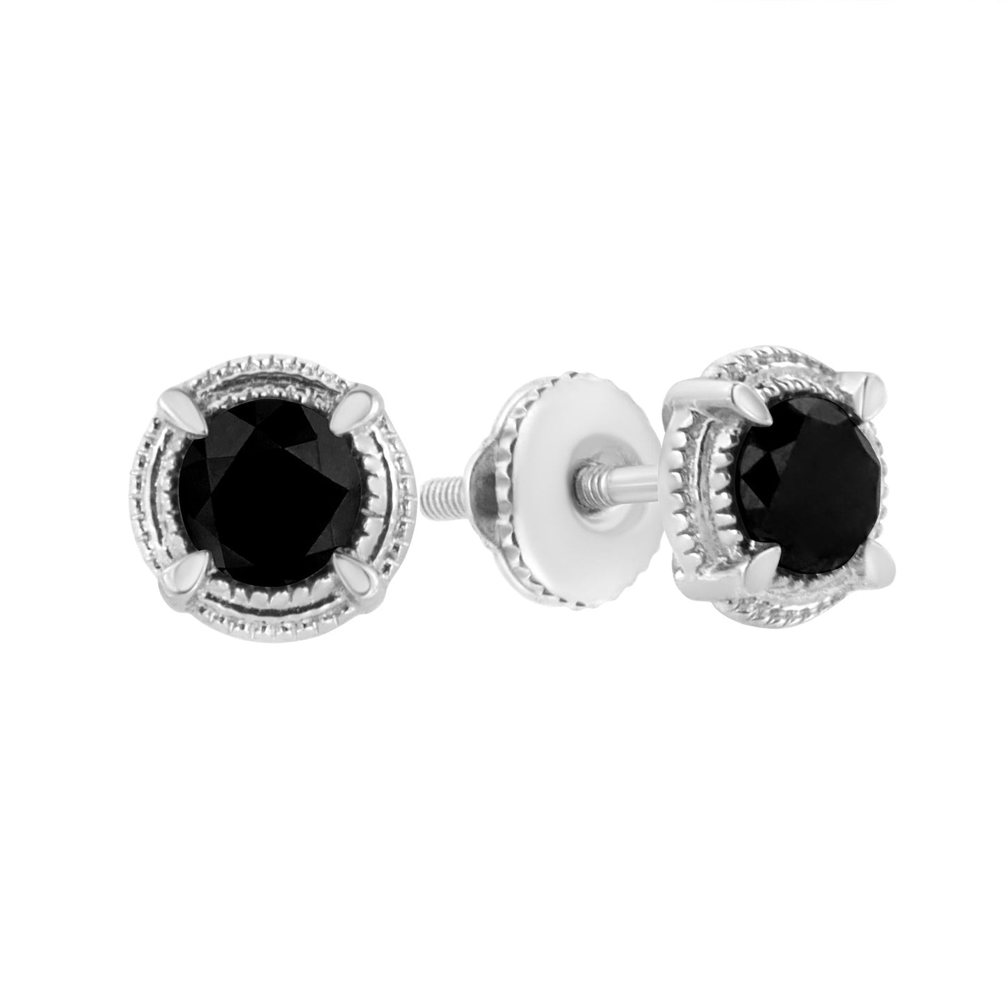 .925 Sterling Silver Treated Colored Diamond Modern Solitaire Milgrain Stud