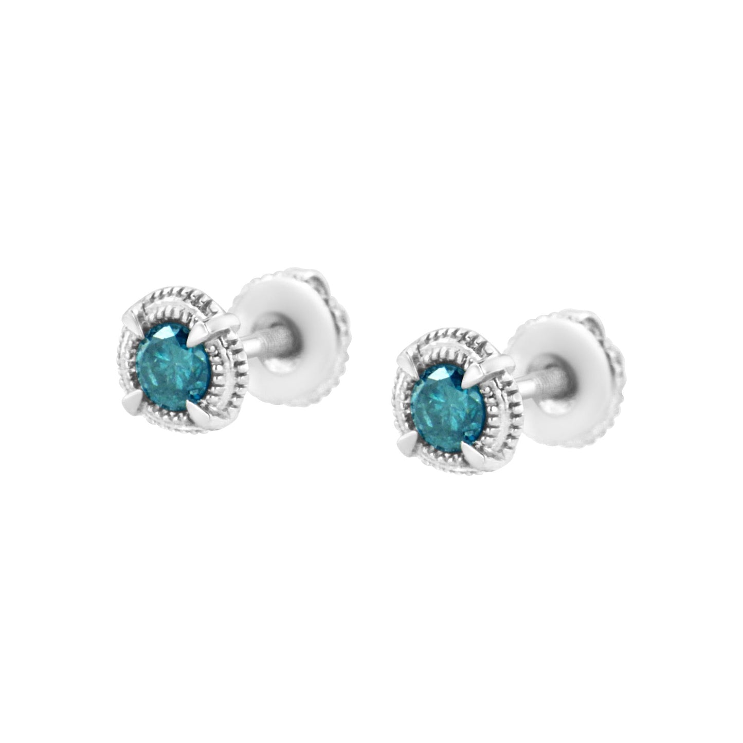 .925 Sterling Silver Treated Colored Diamond Modern Solitaire Milgrain Stud