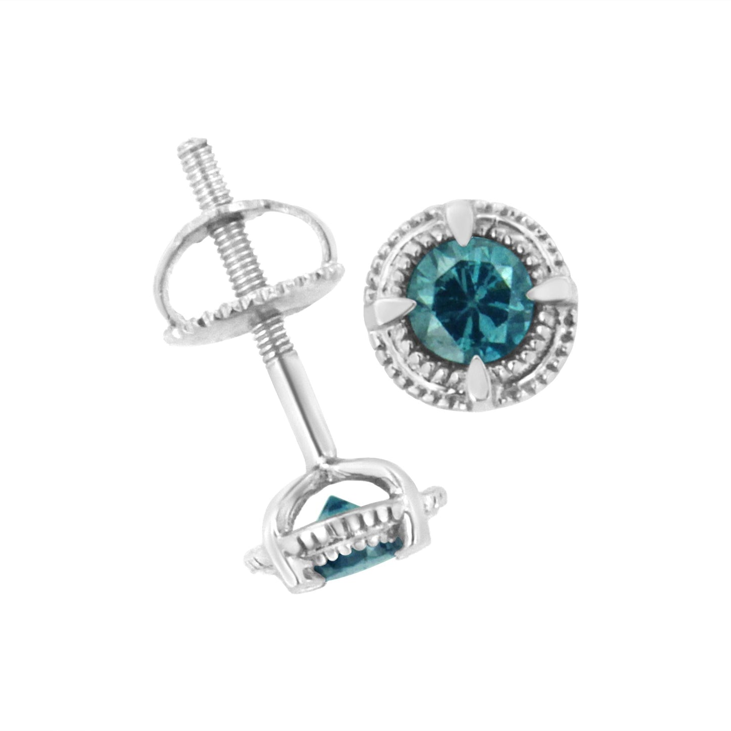 .925 Sterling Silver Treated Colored Diamond Modern Solitaire Milgrain Stud
