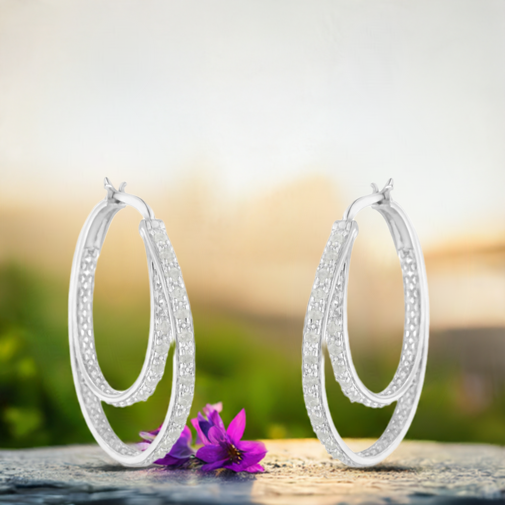 .925 Sterling Silver 1/2 Cttw Miracle-Set Diamond Double Hoop With Latchback