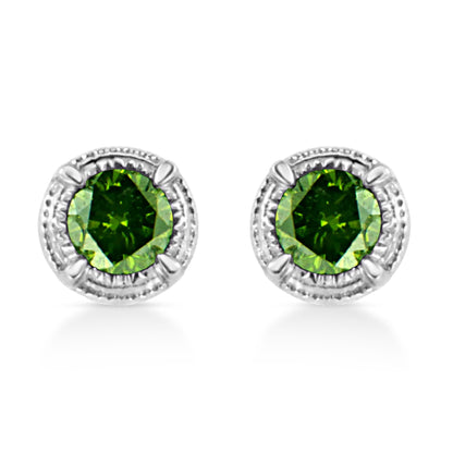 .925 Sterling Silver Treated Colored Diamond Modern Solitaire Milgrain Stud