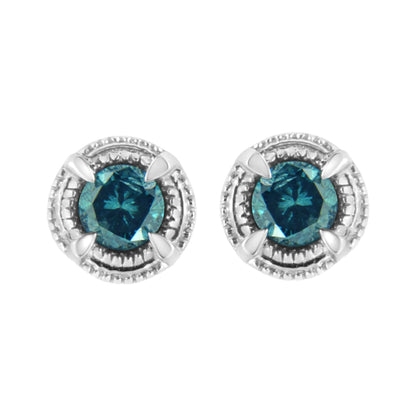 .925 Sterling Silver Treated Colored Diamond Modern Solitaire Milgrain Stud