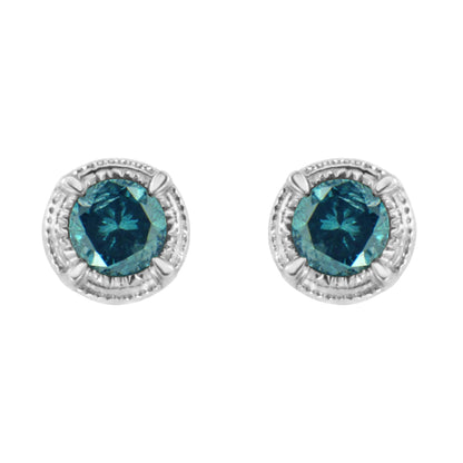 .925 Sterling Silver Treated Colored Diamond Modern Solitaire Milgrain Stud