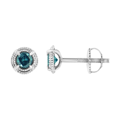 .925 Sterling Silver Treated Colored Diamond Modern Solitaire Milgrain Stud