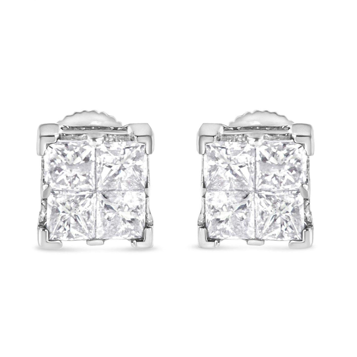 10K White Gold 3/4 Cttw Invisible Set Princess-Cut Diamond Composite Square Stud